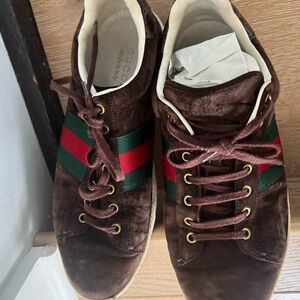 Gucci Men’s Brown Velvet Sneakers with Green and Red Web Stripe, Sz.10 1/2